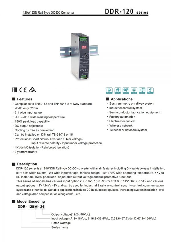 Mean Well 120W DIN Rail type DC-DC Converter DDR-120 series