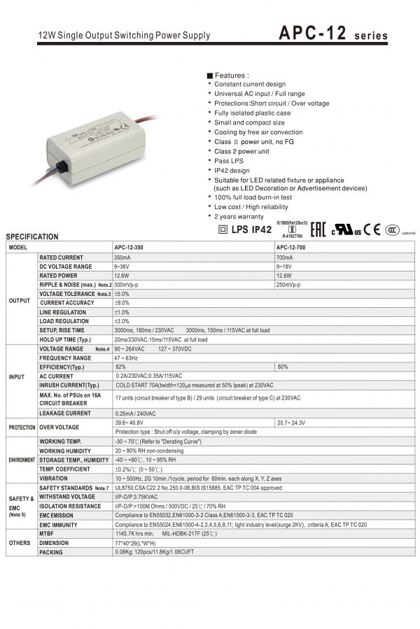 Mean Well Single Output Switching Power Supply APC-12 series