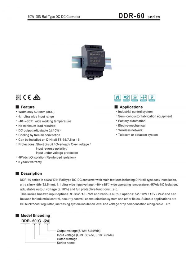 Mean Well 60W DIN Rail type DC-DC Converter DDR-60 series