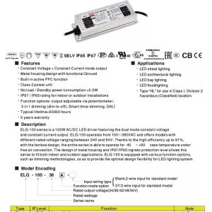 Mean Well Constant Voltage Constant Current LED Driver ELG-100 series
