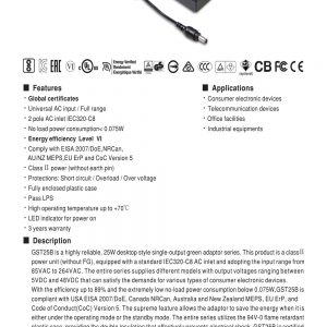 Mean Well 25W AC-DC High Reliability Industrial Adaptor GST25B series