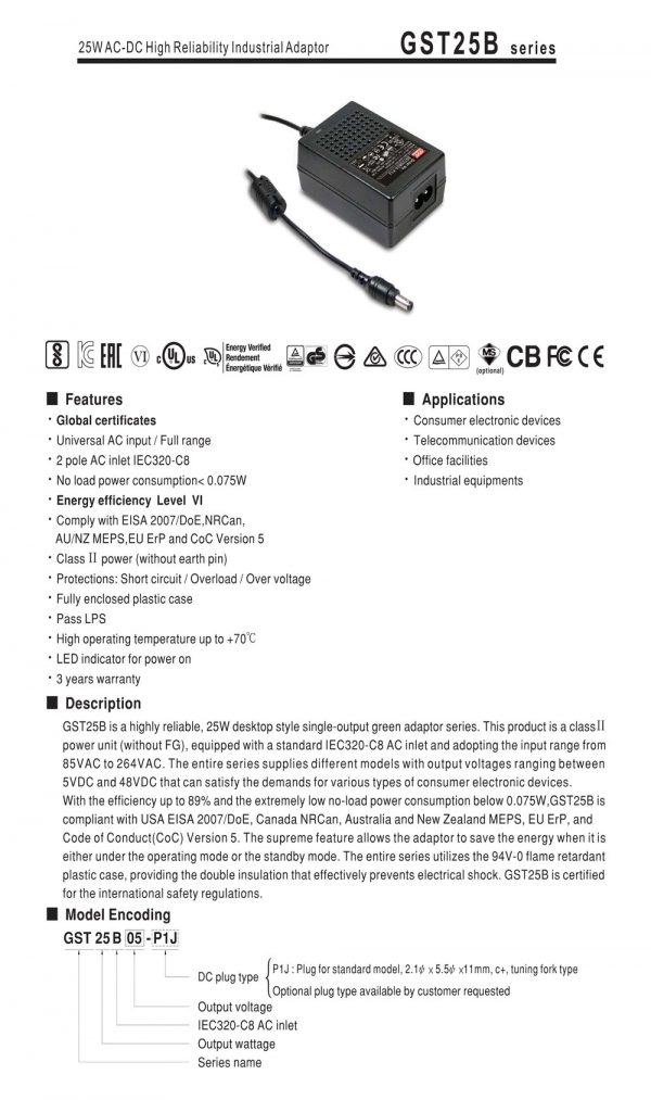 Mean Well 25W AC-DC High Reliability Industrial Adaptor GST25B series