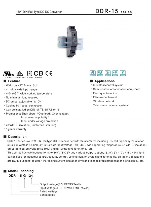 Mean Well 15W DIN Rail type DC-DC Converter DDR-15 series