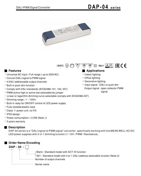 Mean Well DALI-PWM Signal Converter DAP-04 series