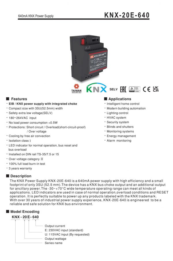 Mean Well 640mA KNX Power Supply KNX-20E-640