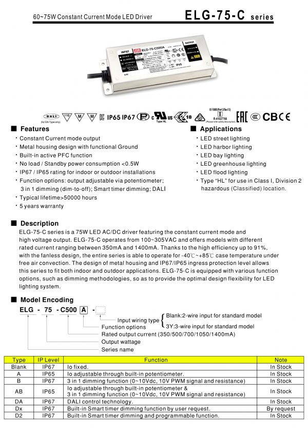 Mean Well Constant Voltage Constant Current LED Driver ELG-75 series