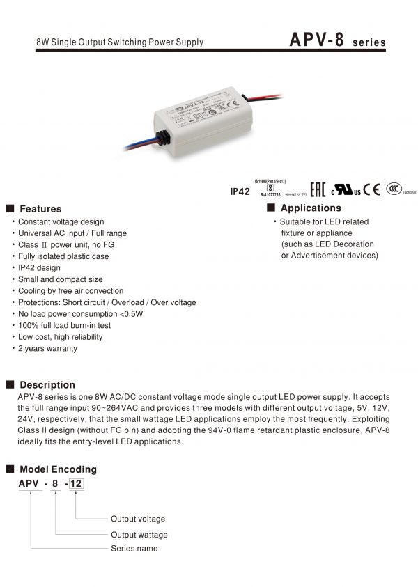 Mean Well Single Output Switching Power Supply APV-8 series