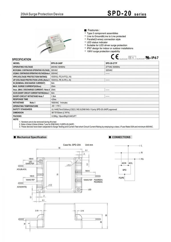 Mean Well 20kA Surge Protection Device SPD-20 series