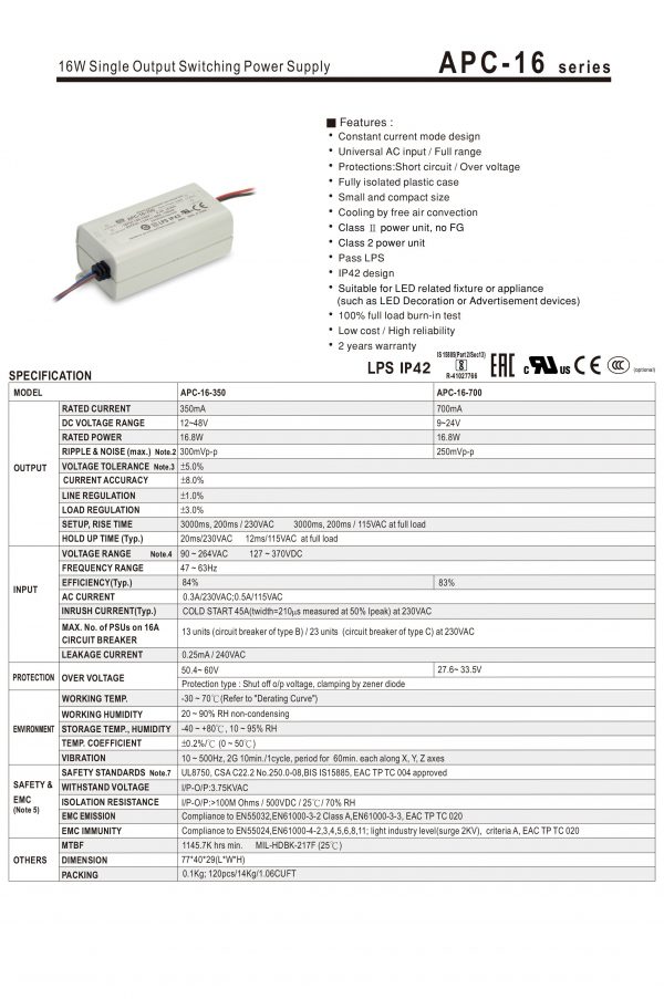 Mean Well Single Output Switching Power Supply APC-16 series