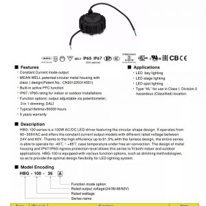 Mean Well Constant Current Mode LED Driver HBG-100 series