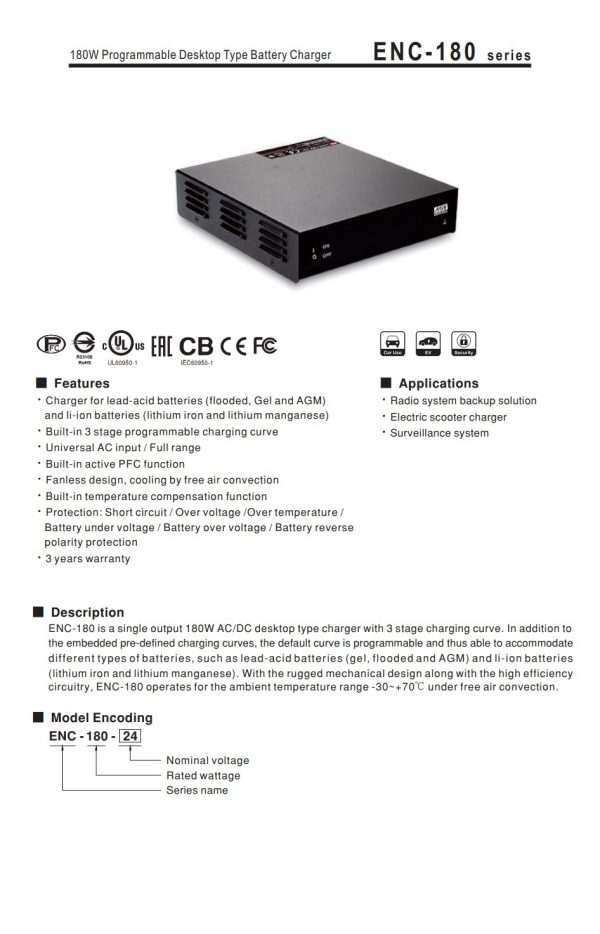 Mean Well Programmable Desktop Type Battery Charger ENC-180 series