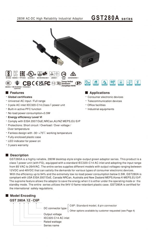 Mean Well AC-DC High Reliability Industrial Adaptor GST280A series