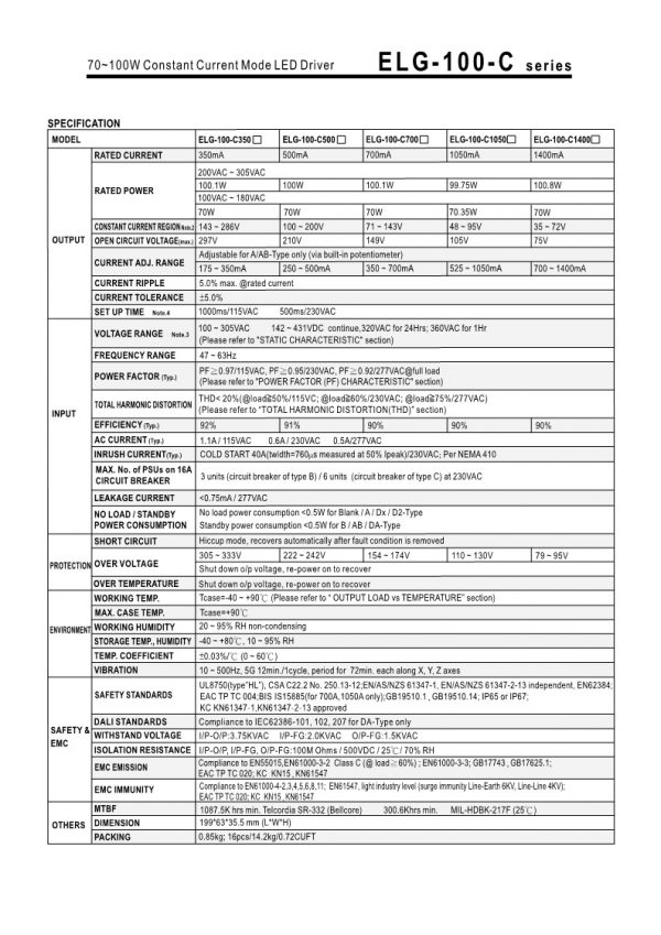 Mean Well Constant Current Mode LED Driver ELG-100-C series