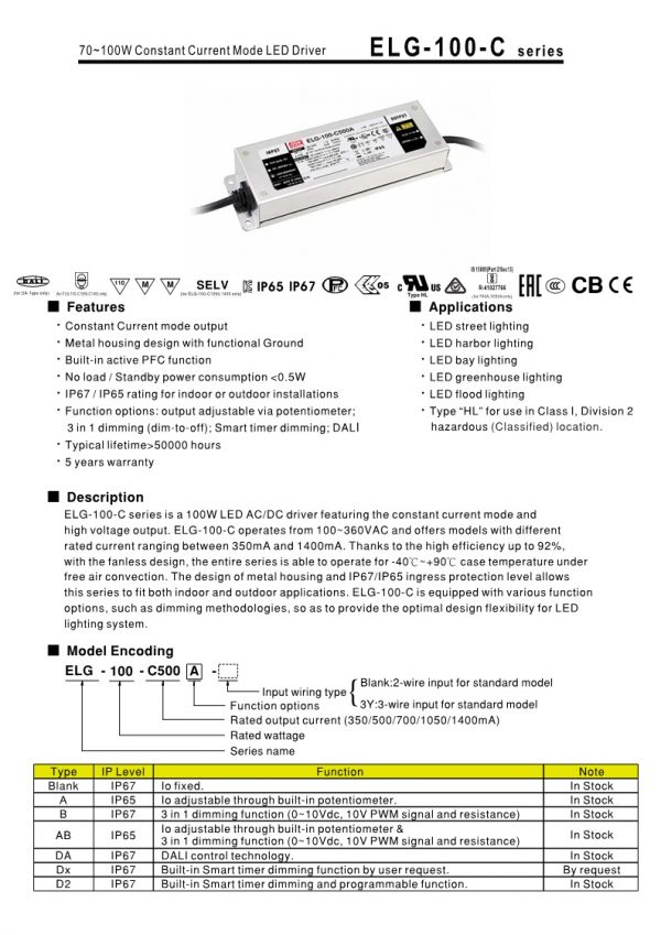 Mean Well Constant Current Mode LED Driver ELG-100-C series