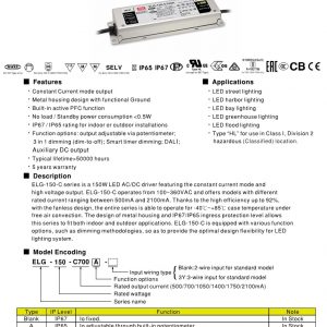 Mean Well W Constant Current Mode LED Driver ELG-150-C series