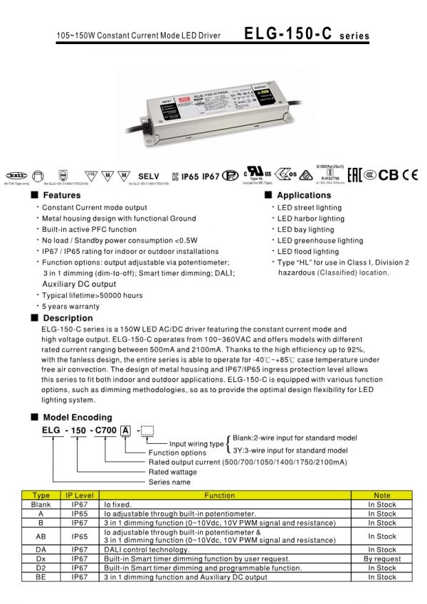 Mean Well W Constant Current Mode LED Driver ELG-150-C series