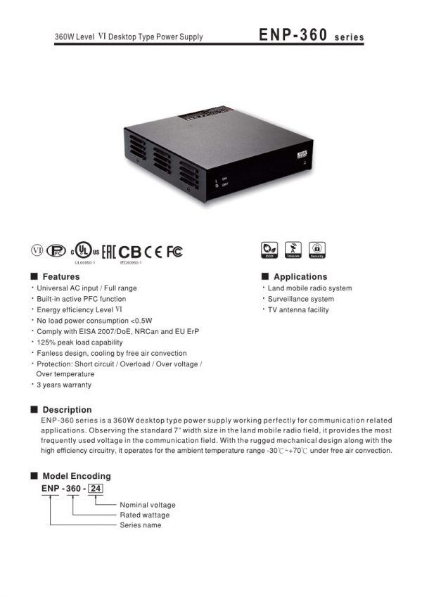 Mean Well 360W Level Desktop Type Power Supply ENP-360 series