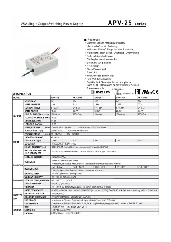 Mean Well Single Output Switching Power Supply APV-25 series